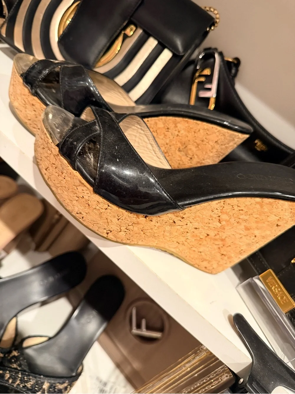 Jimmy Choo Womens Black Cork Wedge Slide Sandals w/ gold cap